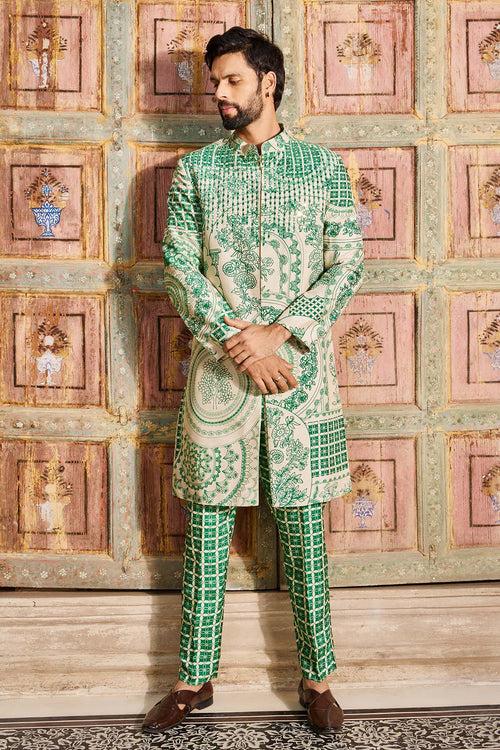 DARK GREEN THIKRI PRINT & HIGHLIGHTED LONG JACKET SET