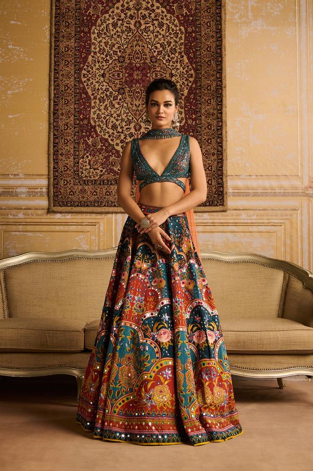 Teal embroidered  blouse and Lehenga set