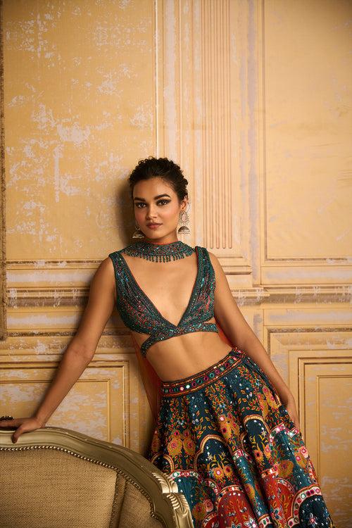 Teal embroidered  blouse and Lehenga set