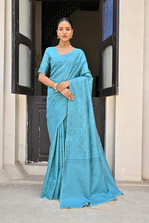 Ritual Sky Blue Kalamkari Woven Raw Silk Saree