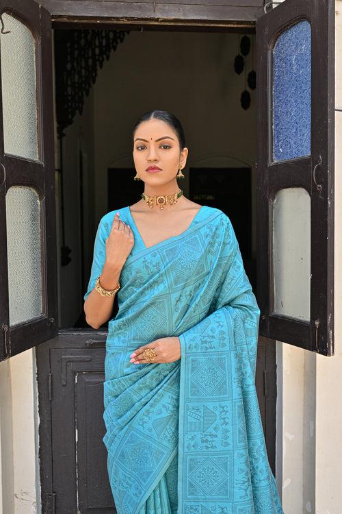 Ritual Sky Blue Kalamkari Woven Raw Silk Saree