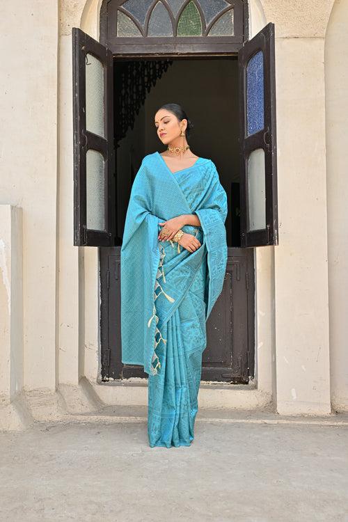 Ritual Sky Blue Kalamkari Woven Raw Silk Saree