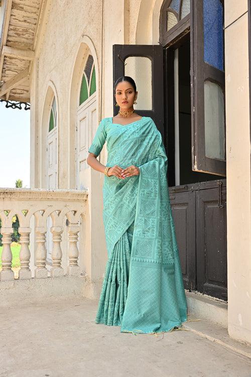 Ritual Mint Green Kalamkari Woven Raw Silk Saree