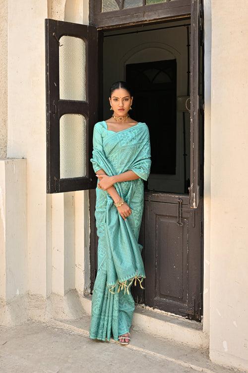 Ritual Mint Green Kalamkari Woven Raw Silk Saree