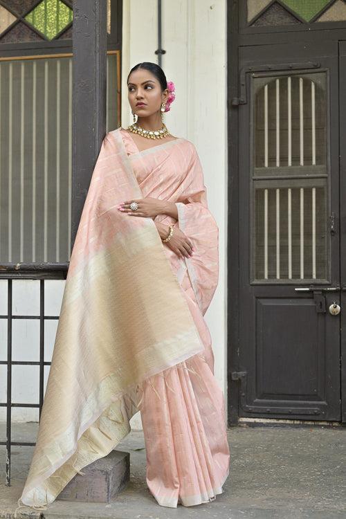 Beautiful Heather Peach Zari Woven Tussar Silk Saree