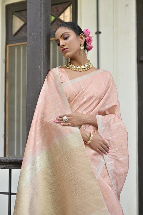 Beautiful Heather Peach Zari Woven Tussar Silk Saree