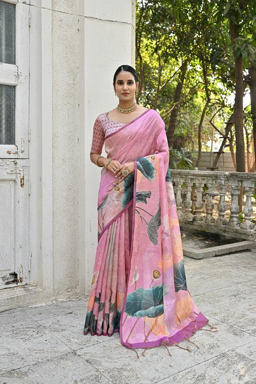 Stunning Flamingo Pink Floral Printed Cotton Saree