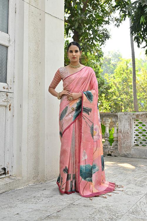 Stunning Rose Pink Floral Printed Cotton Saree