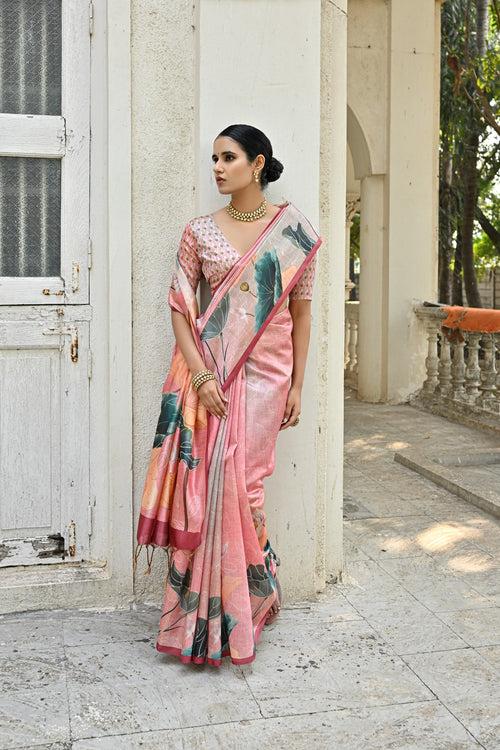 Stunning Rose Pink Floral Printed Cotton Saree