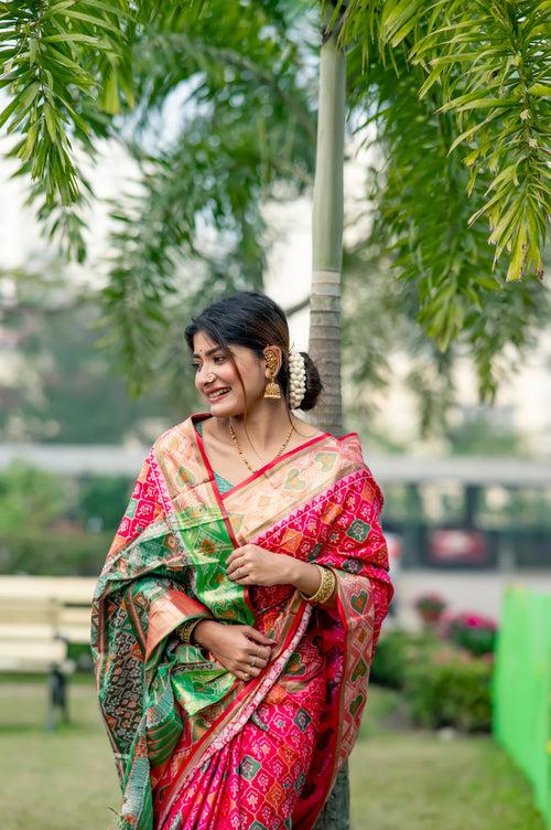 Traditional Bright Pink Banarasi Silk Patola Saree