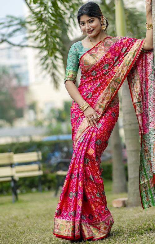 Traditional Bright Pink Banarasi Silk Patola Saree