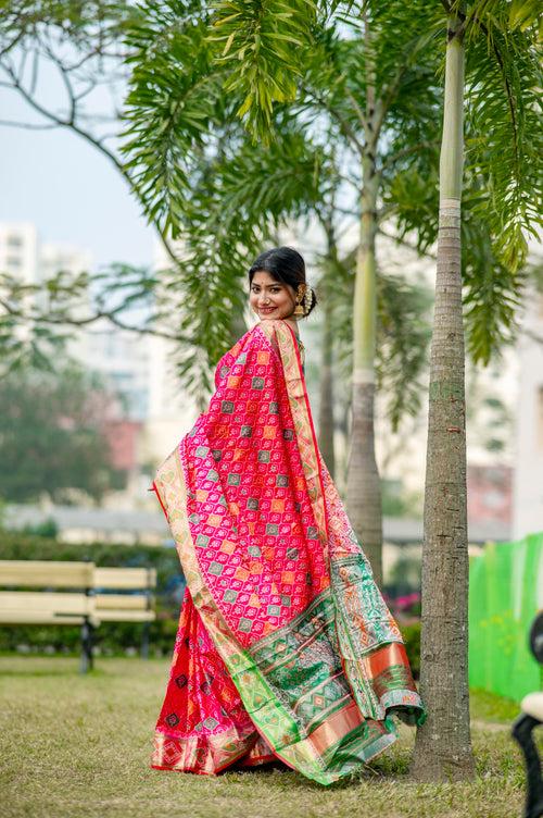 Traditional Bright Pink Banarasi Silk Patola Saree