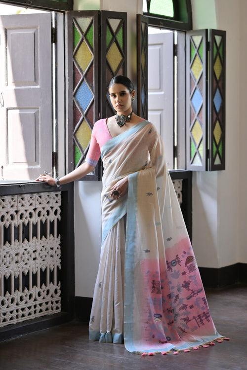 Traditional Arctic Blue Muga cotton Silk Saree