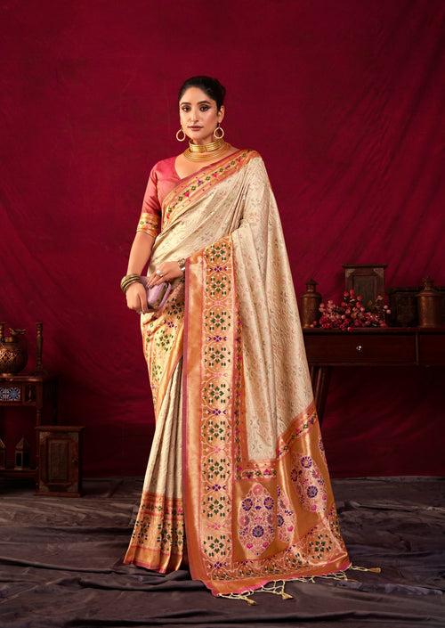 Lovely Banana Cream Meenakari Woven Paithani Silk Saree