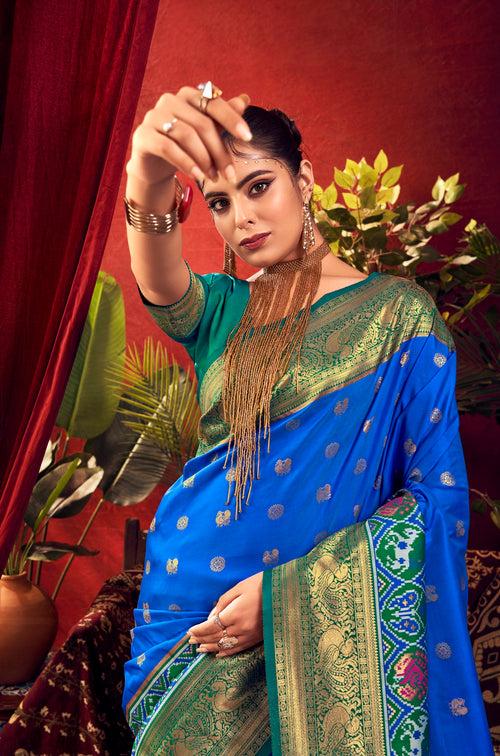 Bright Blue  Woven Paithani Silk Saree