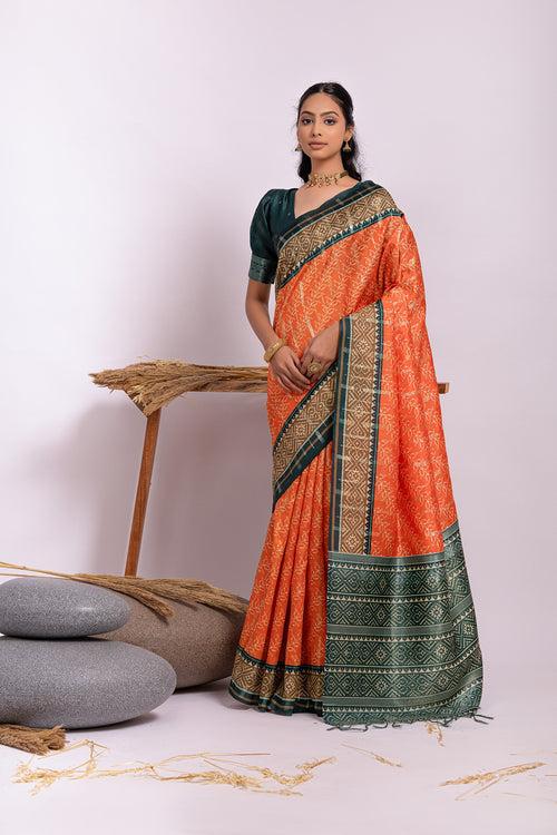 Lovely Tiger Orange Printed Tussar Silk Saree