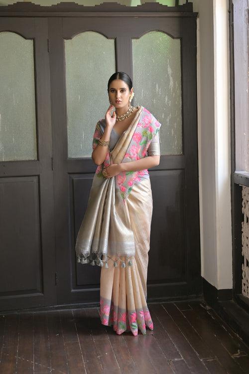 Glacier Grey Banarasi Silk Printed saree