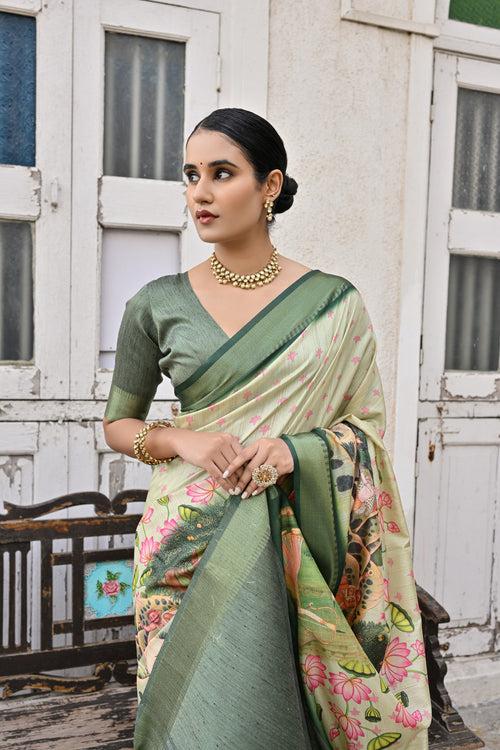 Sage Green Tussar Printed Soft Silk saree