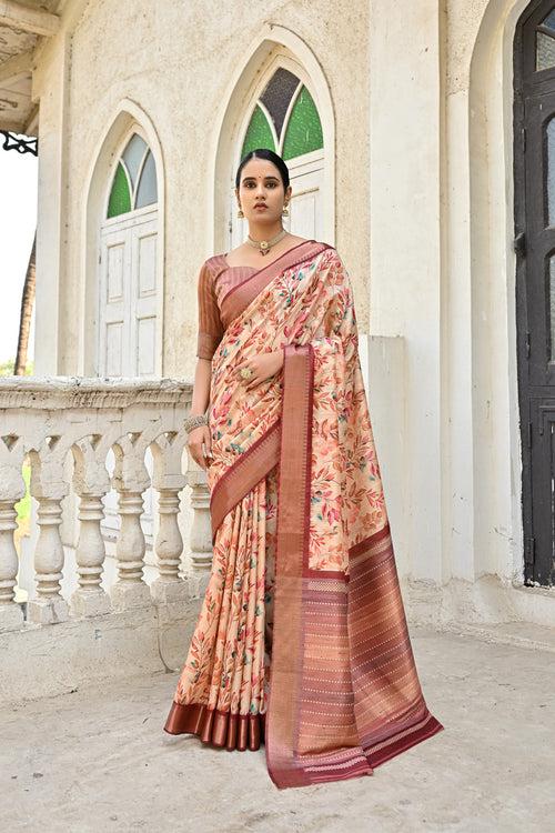 Chocolate cream Tussar Printed Soft Silk saree