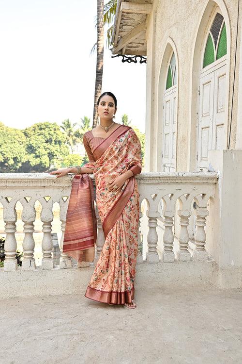 Chocolate cream Tussar Printed Soft Silk saree