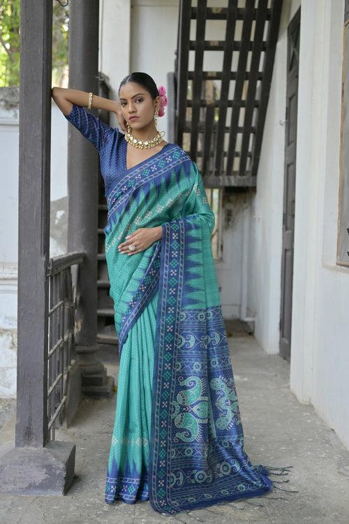 Tiffany blue Yogita Printed Tussar Silk Saree