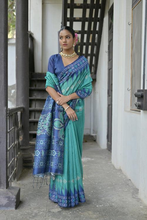 Tiffany blue Yogita Printed Tussar Silk Saree