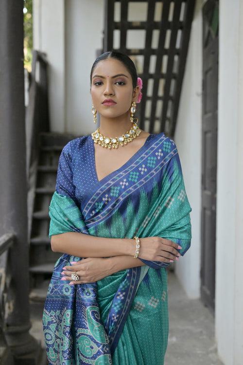 Tiffany blue Yogita Printed Tussar Silk Saree