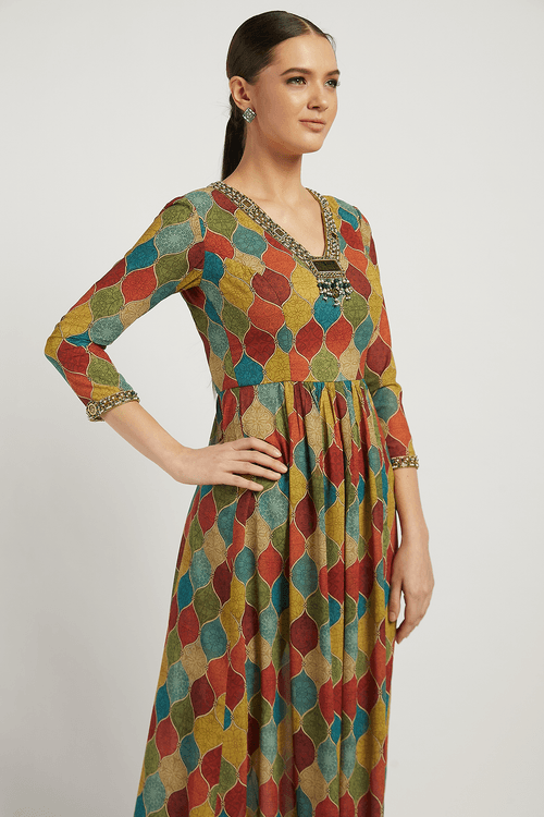 Multi Coloured Dalia Kurta Set With Jaal Work - Sale