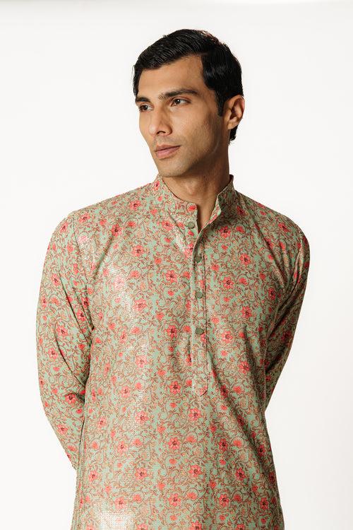 SEA GREEN PRINTED KURTA WITH PANTS