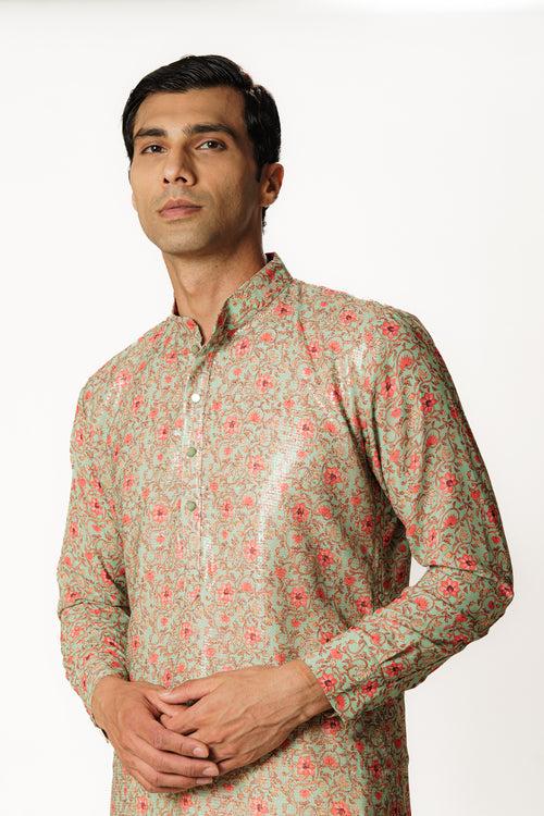 SEA GREEN PRINTED KURTA WITH PANTS