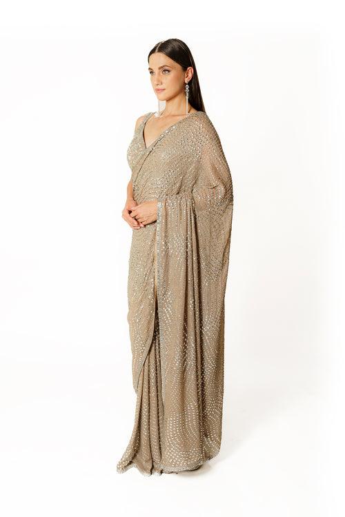 Zaynab silver grey shimmer jaal sari