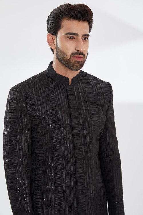 BLACK WAVES LINES SHERWANI WITH BLACK PRINT