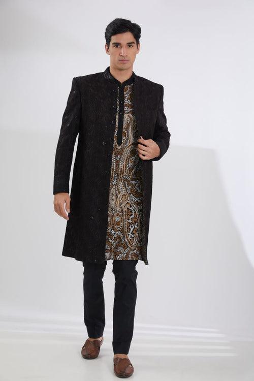 BLACK LEAF JAAL SHERWANI WITH MULTI RESHAM JAAL KURTA AND PANTS