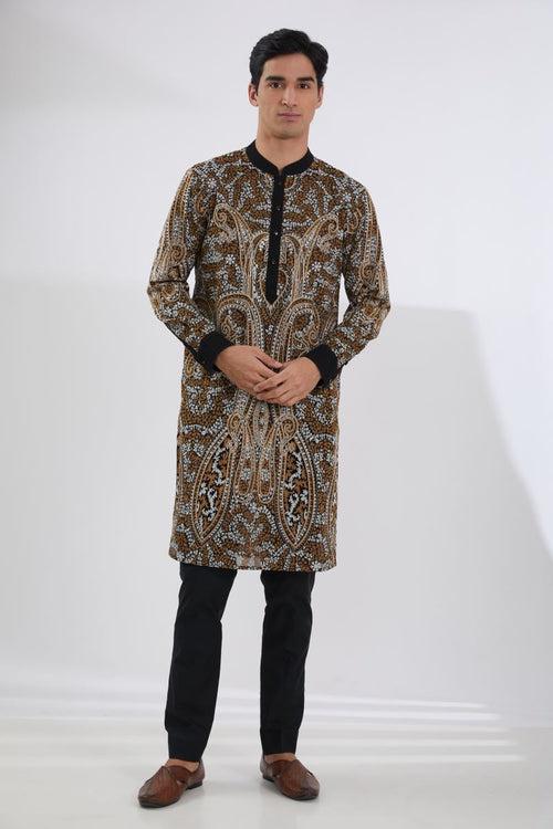 BLACK LEAF JAAL SHERWANI WITH MULTI RESHAM JAAL KURTA AND PANTS