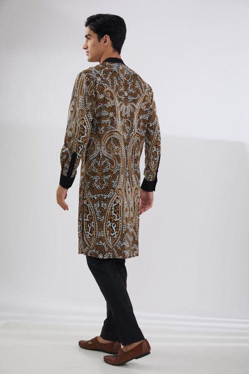 BLACK LEAF JAAL SHERWANI WITH MULTI RESHAM JAAL KURTA AND PANTS