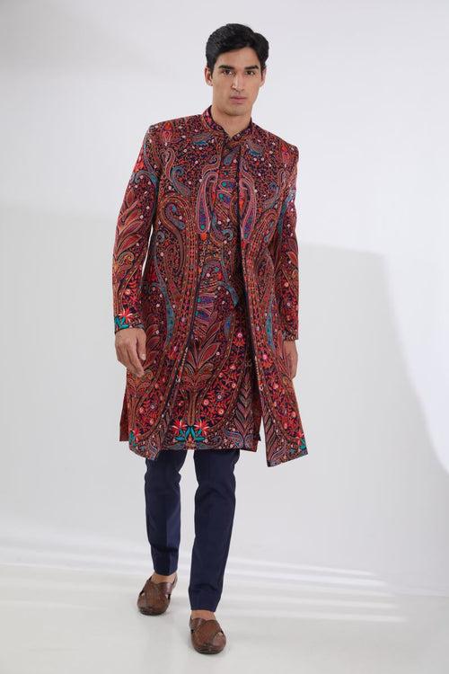 BLUE MULTI SHERWANI WITH MULTI RESHAM JAAL KURTA AND PANTS