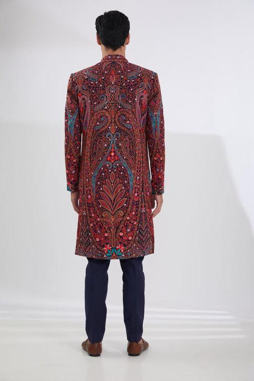 BLUE MULTI SHERWANI WITH MULTI RESHAM JAAL KURTA AND PANTS