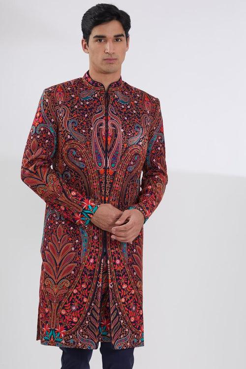 BLUE MULTI SHERWANI WITH MULTI RESHAM JAAL KURTA AND PANTS