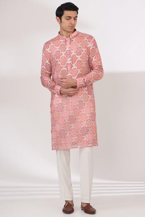 PINK BANDHANI WITH TONAL SEQUIN UNLINED KURTA AND COTTON SILK PANTS