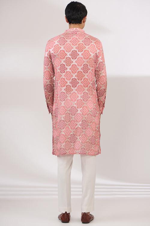 PINK BANDHANI WITH TONAL SEQUIN UNLINED KURTA AND COTTON SILK PANTS