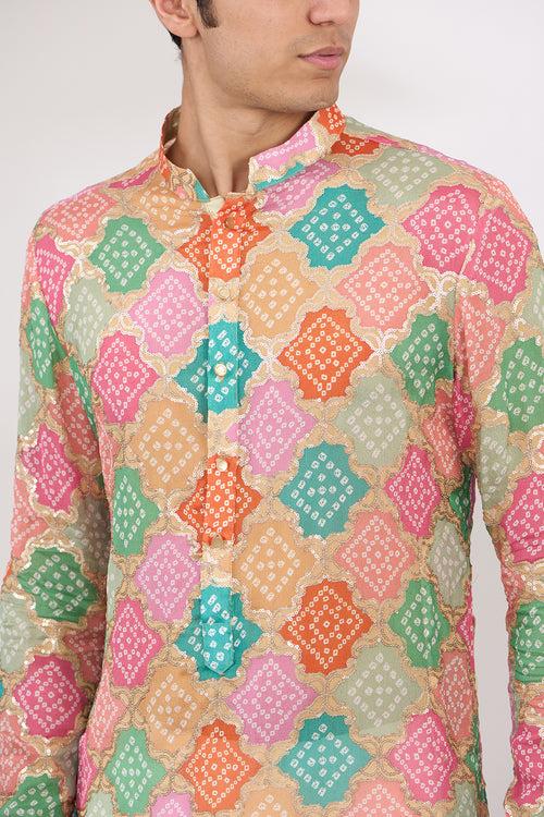 MULTI COLOR BANDHANI WITH GOLD SEQUINS UNLINED KURTA AND COTTON SILK PANTS