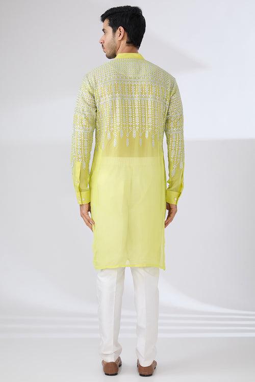 NEON YELLOW GEORGETTE UNLINED KURTA FULLY FRONT SILVER EMBROIDERED WITH BACK HALF EMBROIDERED AND PANTS