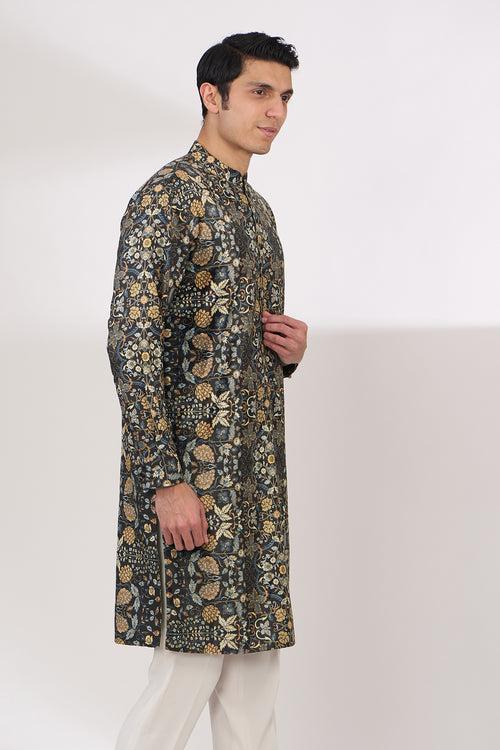 BLACK PRINT VELVET AND PASHMINA WITH CREPE LINING KURTA AND COTTON SILK PANTS