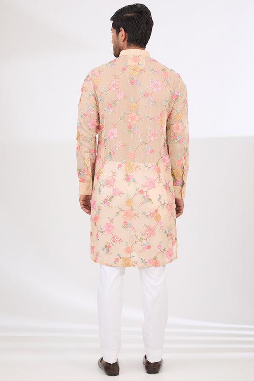 BEIGE FULLY THREAD AND SEQUINS WORK UNLINED KURTA WITH COTTON SILK PANTS