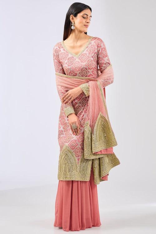 AYAT PINK MULTI COLOR BANDHANI KURTA WITH PALLAZO AND DUPATTA