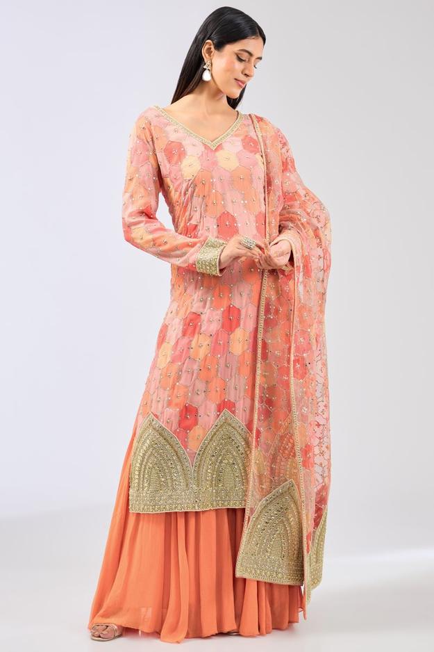 AYAT ORANGE MULTI COLOR BANDHANI KURTA WITH PALLAZO AND ORGANZA DUPATTA