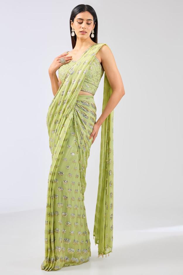 SAIRRA LIME GREEN GEORGETTE  GOLD /SILVER SEQUIN BURST STITCH SAREE SET