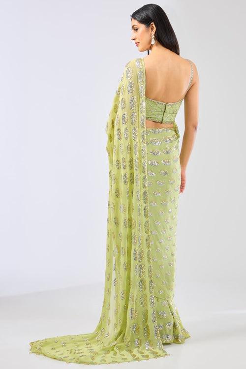 SAIRRA LIME GREEN GEORGETTE  GOLD /SILVER SEQUIN BURST STITCH SAREE SET