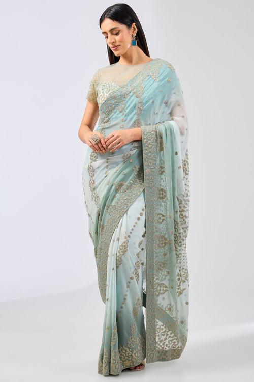 NABIA SHADED SAGE GREEN GEOREGTTE HAND EMBROIDERED THALI PALLA SAREE SET