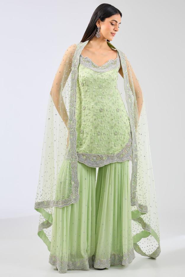 AYAT LIME GREEN GEORGETE  FULL HAND WORK KURTA WITH GHARARA AND DUPATTA